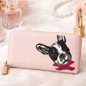 Ted Baker Zipper Wallet French  Bulldog Frenchie Pink & Rose Gold Trim 7"x4"